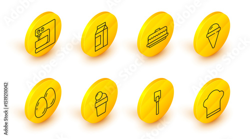Set line Chef hat, Spatula, Ice cream, Easter eggs, in waffle cone, Cake, Paper package for milk and Electric mixer icon. Vector