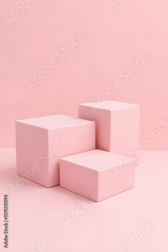 Pink Podium Presentation: Minimalist design featuring three pink cubes, forming a sophisticated platform for product display, set against a soft, pastel background that exudes serenity and elegance.