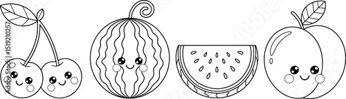 Cute kawaii fruits coloring page cherries watermelon peach