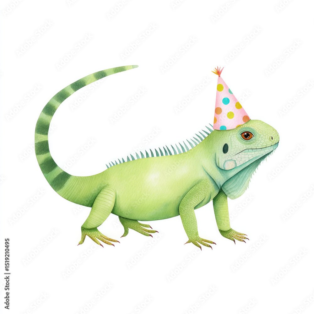 Fototapeta premium Cute happy green iguana in party hat watercolor illustration for celebrations and decor