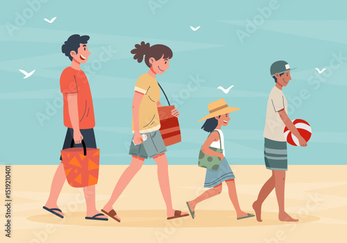 Une famille joyeuse de 4 personnes en tenues estivales qui marchent sur la plage avec leurs affaires de plage - Scène de vie familiale en vacances d'été - Vacances à la mer ou à la plage, paysage