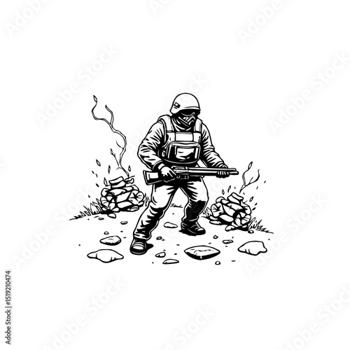 Monochrome Illustration of a Soldier in Action on a rocky battlefield scene