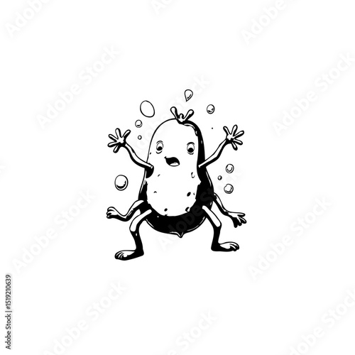 Cartoon potato character escaping from bubbles in black and white illustration