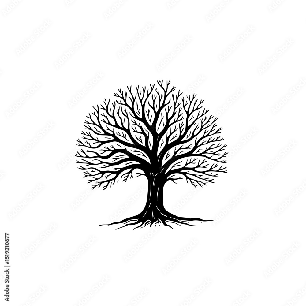 Minimalist black and white tree silhouette on a white background drawing