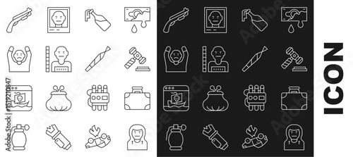 Set line Thief mask, Briefcase and money, Judge gavel, Cocktail molotov, Suspect criminal, surrendering hands up, Police shotgun and Marijuana joint icon. Vector