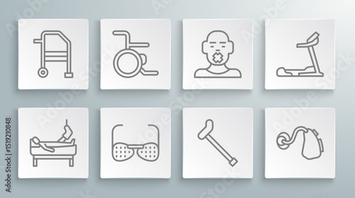 Set line Patient with broken leg, Wheelchair, Blind glasses, Walking stick cane, Hearing aid, Head of deaf and dumb, Treadmill machine and Walker icon. Vector