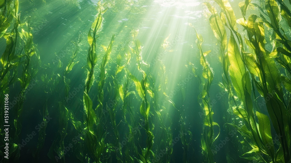 Obraz premium Submerged Kelp Forest: Underwater Sunlight Rays Illuminate Lush Green Seaweed