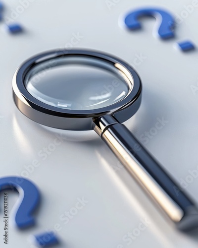 Magnifying Glass Focused on Blue Question Marks on Glossy Table Surface