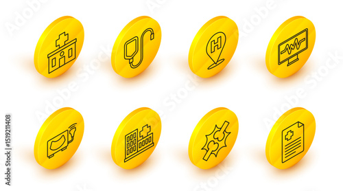 Set line Patient record, Joint pain, knee pain, Hospital building, Ultrasound, Monitor with cardiogram, Location hospital, IV bag and icon. Vector