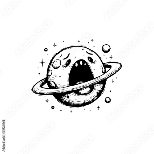 Sad planet cartoon illustration with cosmic tears and celestial melancholy vibes