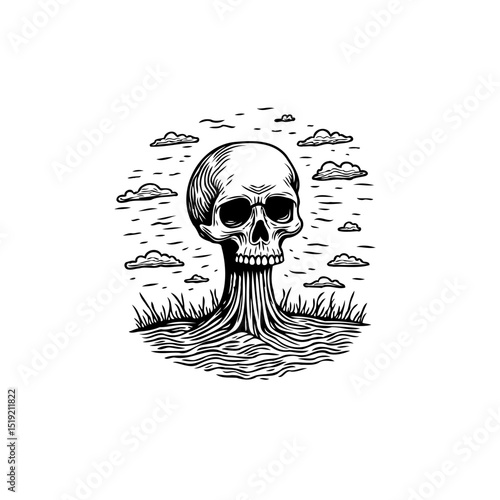 Skull in surreal landscape, vector illustration for death concept or halloween art