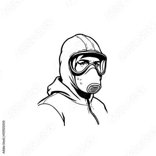 Detailed line art illustration of person wearing hazmat suit and protective gear