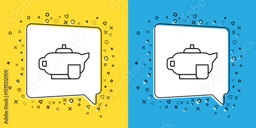 Set line Traditional tea ceremony icon isolated on yellow and blue background. Teapot with cup. Vector