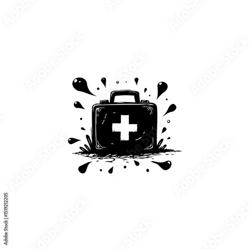 Black and white illustration of a first aid kit with splash effect artwork