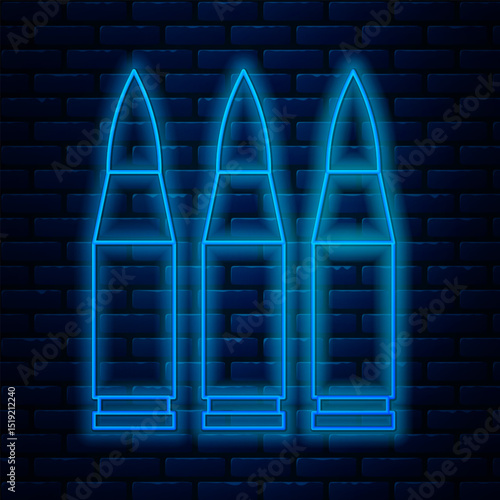 Glowing neon line Bullet icon isolated on brick wall background. Vector