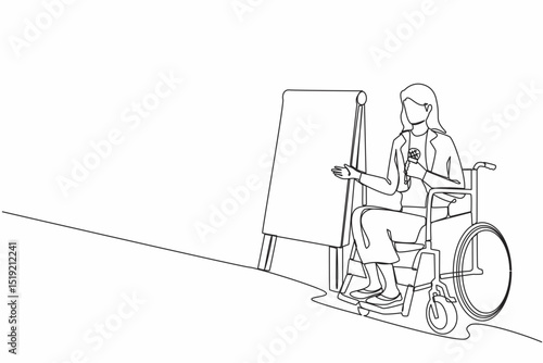 Continuous one line drawing businesswoman on wheelchair using microphone, presentation infographics on flip chart at weekly office report meeting. Single line draw design vector graphic illustration