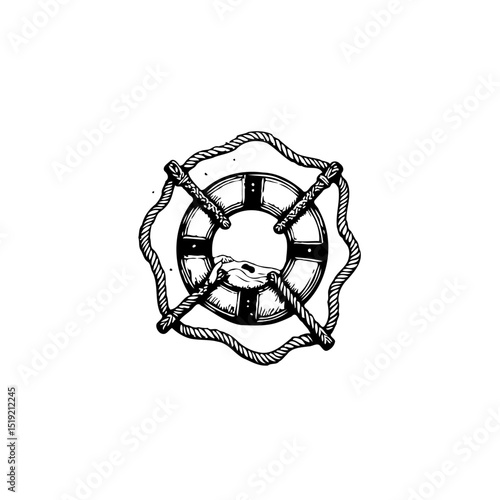 Nautical lifeline illustration depicting a lifebuoy with a hand reaching out