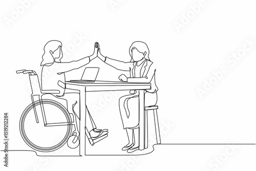 Single one line drawing disabled businesswoman giving high five to her partner in office. Office worker sitting in wheelchair joy. Colleague celebrating success. Continuous line design graphic vector