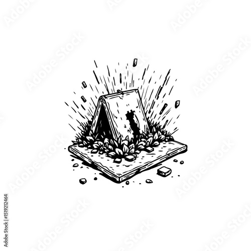 Dynamic monochrome illustration showcasing an exploding form against a plain backdrop