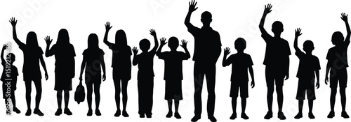 Silhouette of group of people in various poses, including raising their arms to wave, depicting the concepts of a group waving, conveying the idea of community and unity.