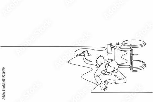 Single one line drawing businesswoman fell off wheelchair sitting on floor. Disabled female patient accident falling down and crawling for help in hospital room. Continuous line design graphic vector