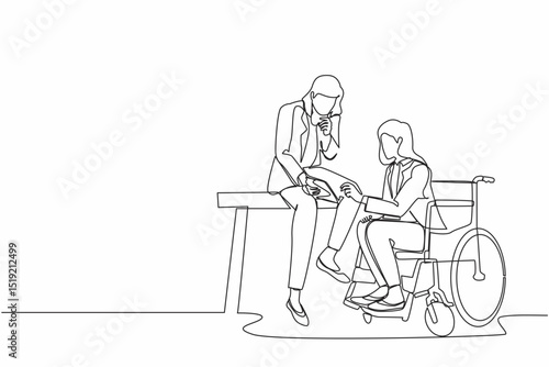 Single one line drawing businesswoman sitting on wheelchair presenting business graph on paper to manager. Diverse corporate colleagues in modern office. Continuous line draw design graphic vector