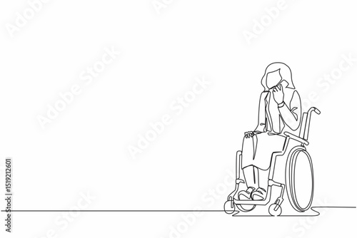 Single one line drawing disabled girl in wheelchair having phone conversation while working from home. Brave businesswoman talking with client on mobile phone. Continuous line draw design vector