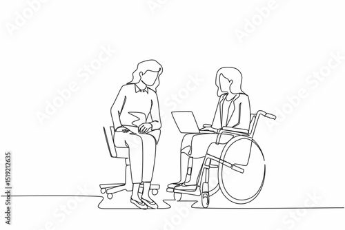 Continuous one line drawing employee with disabilities and inclusion work together in office. Disabled female on wheelchair with coworker sit communicate using laptop. Single line draw design vector