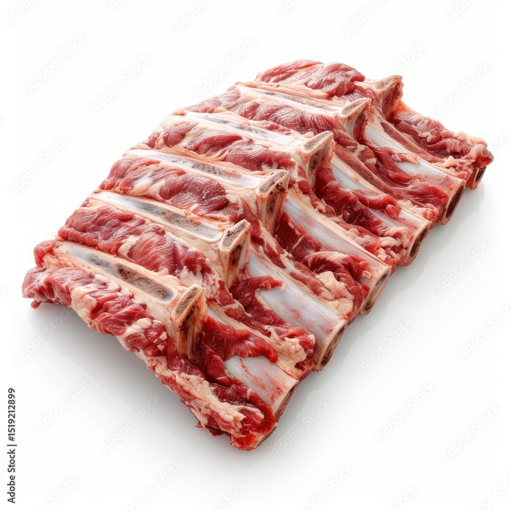 Obraz premium Close-up of a stack of raw short ribs, showcasing their marbling and meaty texture, preparing them for a delicious barbecue or grilling experience