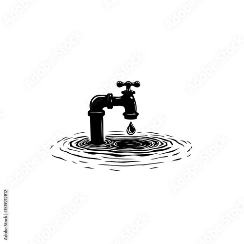 Monochrome Water Tap Illustration with Dripping Faucet Symbolizing Conservation Issues