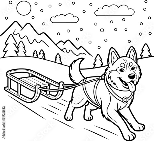 Happy husky pulling sled through snowy winter landscape