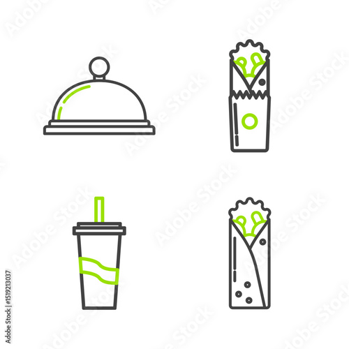 Set line Doner kebab, Paper glass with drinking straw and water, and Covered tray of food icon. Vector