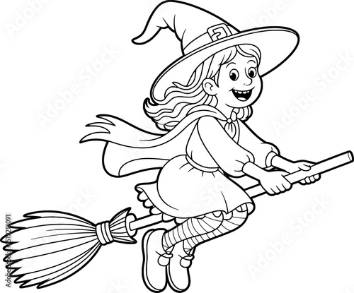 Happy little witch flying on a broomstick halloween