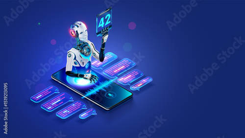 AI chat bot in image robot hanging over screen phone answer questions. Mobile online AI chat bot talk through messenger with user. internet Chatbot with artificial intelligence chatting on phone.