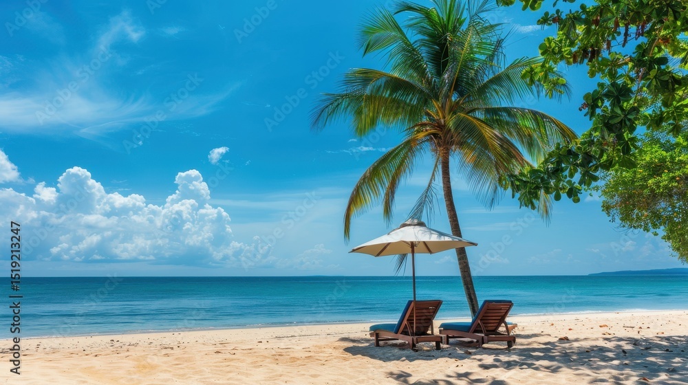 Fototapeta premium A tranquil beach scene featuring lounge chairs beneath a palm tree and sun umbrella, perfect for a relaxing vacation against the backdrop of a beautiful sky and peaceful ocean