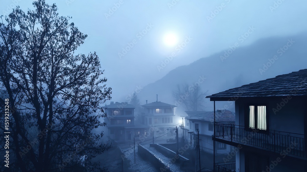 Serene foggy evening in a mountainous village with illuminated houses under a full moon Serene foggy evening in a mountainous village with illuminated houses under a full moon