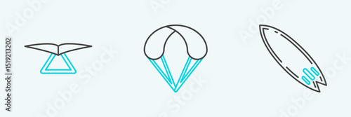 Set line Surfboard, Hang glider and Parachute icon. Vector