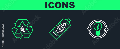 Set line Recycle and light bulb with lightning symbol, leaf and Stop ocean plastic pollution icon. Vector