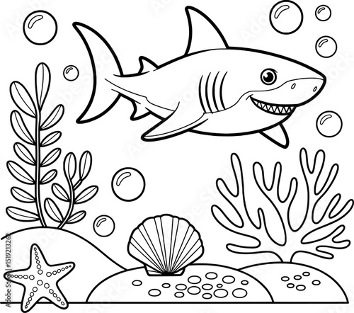 Happy shark coloring page ocean scene underwater world