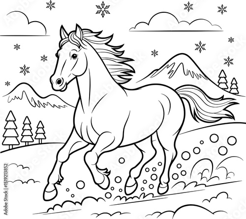 Majestic horse running through snowy winter landscape
