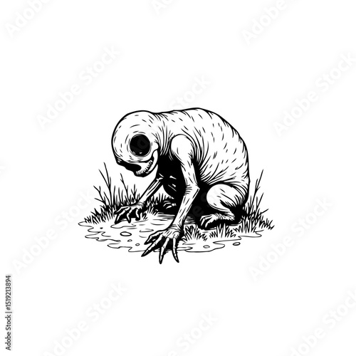 Creepy Alien Creature Illustration: Enigmatic Figure in Grayscale Detailing