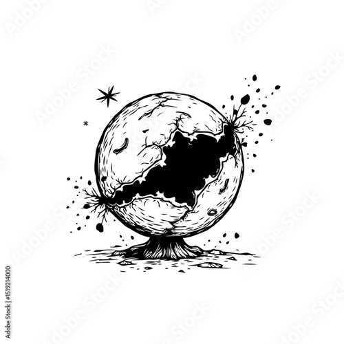 Stylized cracked planet illustration with cosmic explosion and stardust