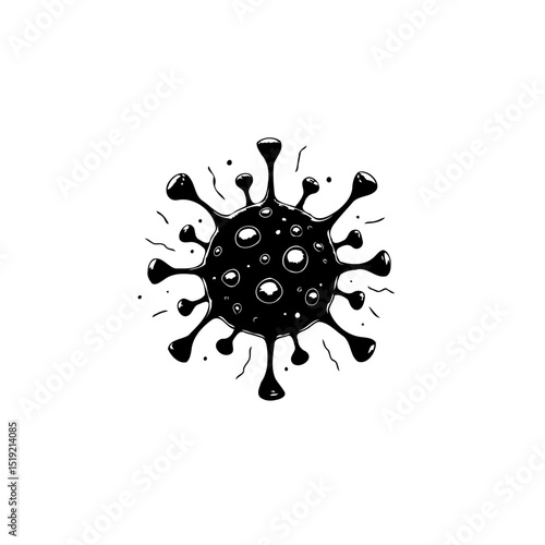 Black and white illustration of a virus cell, representing disease and infection