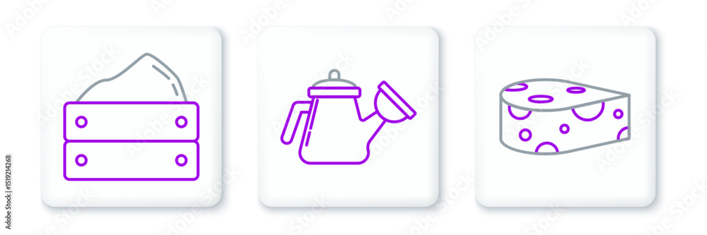 Obraz premium Set line Cheese, Wooden box with harvest and Watering can icon. Vector
