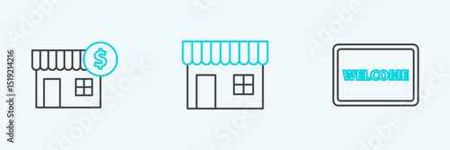 Set line Doormat with the text Welcome, House dollar symbol and Shopping building market store icon. Vector