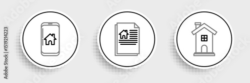 Set line Home symbol, Mobile phone with smart home and House contract icon. Vector