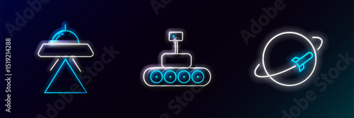 Set line Planet, UFO flying spaceship and Mars rover icon. Glowing neon. Vector