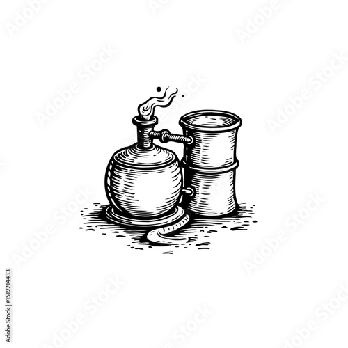 Mystical Elixir: Vintage Alchemy Illustration with Smoking Pot and Retro Container
