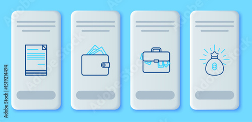 Set line Wallet with stacks paper money cash, Briefcase and, Document and Money bag icon. Vector