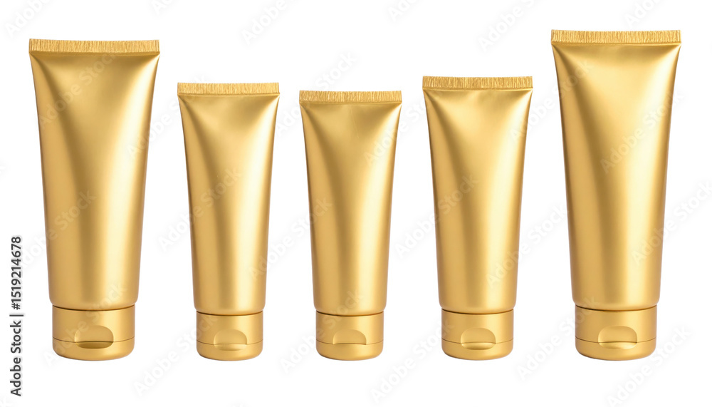 Five gold cosmetic tubes arranged in a row, each with a shiny finish and different sizes. Five gold cosmetic tubes arranged in a row, each with a shiny finish and different sizes.